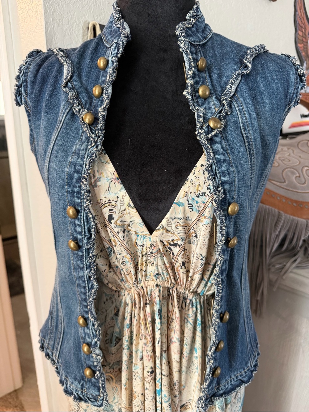 Frayed Edge Denim Military-Style Vest - Blue
